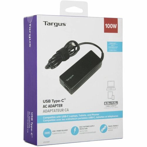 Targus APA108EU 100 W AC Adapter - 1 USB Type-C - For USB Type C Device, Notebook, Tablet, Phone - Europe - 1.80 m Cable -