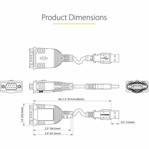 StarTech.com 3ft (1m) USB to Serial Cable, DB9 Male RS232 to USB Converter, USB to Serial Adapter, COM Port Adapter with P