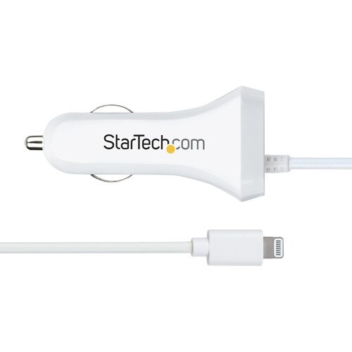 StarTech.com Lightning Car Charger with Coiled Cable, 1m Built-in Cable, 12W, White, 2 Port USB Car Charger Adapter, In Ca