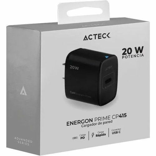 Cargador de Pared Acteck  Energon Prime CP415 / Tecnología GaN Carga Ultra Rápida / 20W / 1x USB C PD / Elite Negro