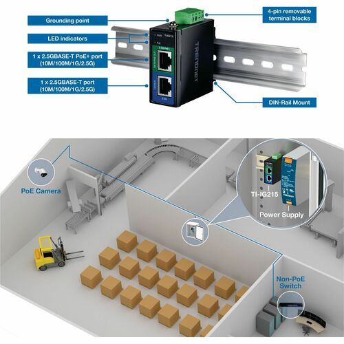 Iniettore PoE+ TRENDnet TI-IG215 - TAA Conforme - 48 V DC, 57 V CC Ingresso - 1 x 2,5 Gigabit Ethernet Porta/e di ingresso
