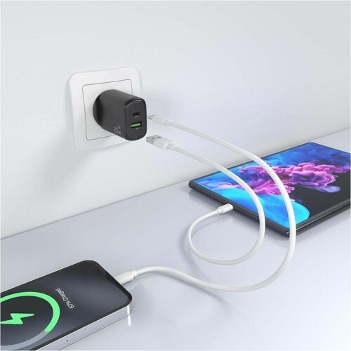 CARGADOR GAN 20W 1XUSB-C PD3.0 1XUSB-A QC3.0 NEGRO