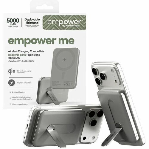 PanzerGlass empower Power Bank - Titanium - For iPhone, Qi-enabled Device - 5000 mAh - 20 W - USB Type-C Connector - Qi2 C