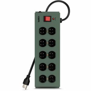 Belkin 10-Outlet Metal Surge Protector - 15ft Cord - Straight Plug - 885J - On-Off Switch - Green - Receptacles: 10 - 885J