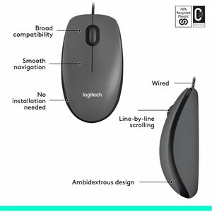 Logitech M100 Wired USB Mouse, 3-Buttons,1000 DPI Optical Tracking, Ambidextrous, Compatible with PC, Mac, Laptop (Gray) -