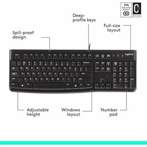 Logitech K120 Plug-and-Play USB Keyboard - Cable Connectivity - USB Interface - Rugged - English - PC - Black