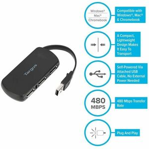 HUB Concentrador 4 puertos USB 2.0, Incluye Cable USB 2.0 (Carga & Datos) Velocidad de 480Mbps, compatible con Windows® 10