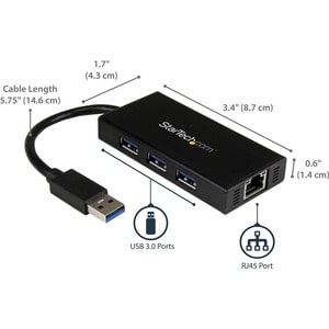 StarTech.com 3 Port Portable USB 3.0 Hub with Gigabit Ethernet Adapter NIC - 5Gbps - Aluminum w/ Cable - Add 3 external US