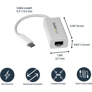 StarTech.com USB C to Gigabit Ethernet Adapter - White - USB 3.1 to RJ45 LAN Network Adapter - USB Type C to Ethernet (US1