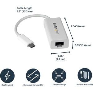 StarTech.com Adaptateur réseau USB-C vers RJ45 Gigabit Ethernet - M/F - USB 3.1 Gen 1 (5 Gb/s) - Blanc - USB 3.1 - Realtek