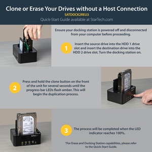 StarTech.com Dual Bay Hard Drive Duplicator and Eraser, External HDD/SSD Cloner / Copier / Wiper Tool, USB 3.0 to SATA Doc