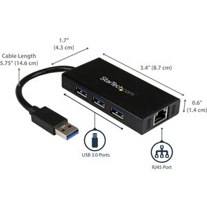 StarTech.com USB/Ethernet-Hub - USB 3.0 Typ A - Extern - Schwarz - 3 Total USB Port(s) - 3 USB 3.0 Port(s)1 Netzwerk (RJ-4