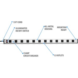 V7 12-Outlet Horizontal Industrial Metal Power Strip 125V, 15A, 15-ft Cord, 5-15R - V7 12-Outlet Horizontal Industrial Met