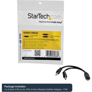 StarTech.com 3.5mm 4 Position to 2x 3 Position 3.5mm Headset Splitter Adapter - F/M - 12.95 cm Mini-phone Audio Cable for 
