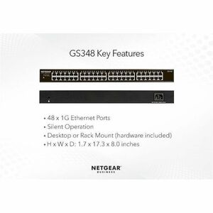 Netgear Business GS348 Ethernet Switch - 48 Ports - Gigabit Ethernet - 10/100/1000Base-T - 2 Layer Supported - 23 W Power 