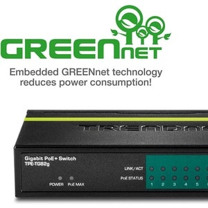 TRENDnet 8-Port GREENnet Gigabit PoE+ Switch, Supports PoE And PoE+ Devices, 61W PoE Budget, 16Gbps Switching Capacity, Da