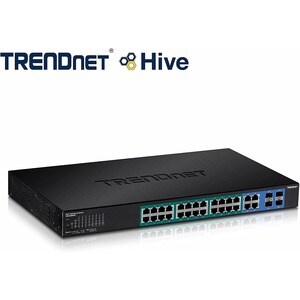 TRENDnet 28-Port Web Smart PoE+ Switch; 24 x Gigabit PoE+ Ports; 4 x Shared Gigabit Ports (RJ-45 or SFP); VLAN; QoS; LACP;