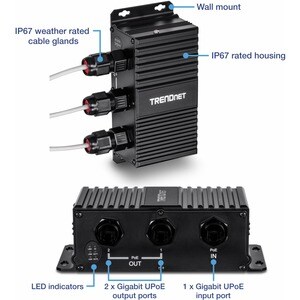 TRENDnet 2-Port Industrial Outdoor Gigabit UPoE Extender, Extends 100m- Total Distance Up to 200m (656'), Supports PoE (15