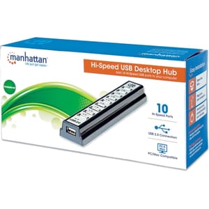 USB-A 10-Port Desktop Hub, 10x USB-A Ports, 480 Mbps (USB 2.0), Bus or AC Power, Hi-Speed USB, Black, Three Year Warranty 