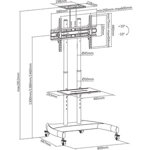 V7 TVCART1-3E Höhenverstellbar Monitorständer - Bildschirmgröße: Bis zu 177,8 cm (70 Zoll) - 50 kg TragfähigkeitDisplay Ty