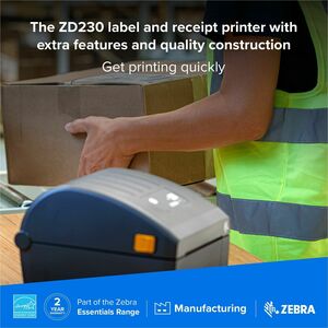Zebra ZD230 Desktop Direct Thermal Printer - Monochrome - Label/Receipt Print - Ethernet - USB - Bluetooth - EU, UK - Blac