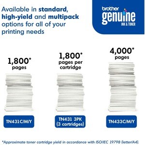 Brother TN-431 Original Standard Yield Laser Toner Cartridge - Multi-pack - Cyan, Magenta, Yellow - 3 / Box - 1800 Pages C