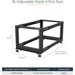 StarTech.com 4-Post 8U Mobile Open Frame Server Rack, 19in Network Rack with Casters, Small Rolling Rack for Computer/AV/D