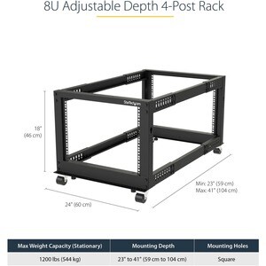StarTech.com 4-Post 8U Mobile Open Frame Server Rack, 19in Network Rack with Casters, Small Rolling Rack for Computer/AV/D