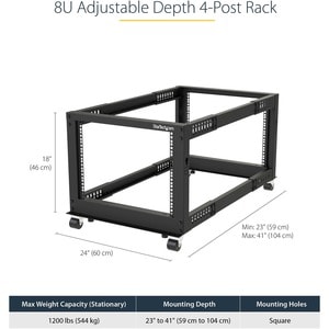 StarTech.com 4-Post 8U Mobile Open Frame Server Rack, 19in Network Rack with Casters, Small Rolling Rack for Computer/AV/D