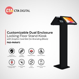 CTA Digital Customizable Dual Enclosure Locking Floor Stand Kiosk with Graphic Card Slot for Branding for 10.2" iPad 7th/ 