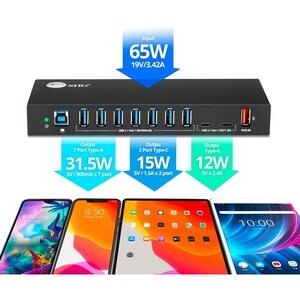 SIIG 10 Port Industrial USB 3.1 Gen 1 Hub with Dual USB-C & 65W Charging - 5Gbps Data Transfer Rates - 7x USB-A 5Gbps 5V/9