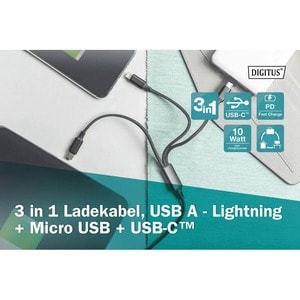 Digitus Ladekabel - 1 m - für iMac, iPhone, iPad, Smartphone, Tablet, Stromspeicher - USB Typ-A / Lightning, Micro-USB, US