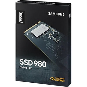 Samsung 980. SSD capacity: 250 GB, SSD form factor: M.2, Read speed: 2900 MB/s, Write speed: 1300 MB/s, Component for: PC