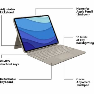 Logitech Combo Touch Keyboard/Cover Case (Folio) for 12.9" Apple, Logitech iPad Pro (5th Generation) Tablet - Sand - Scrap