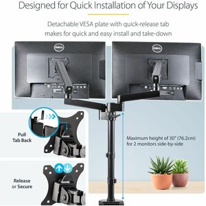 StarTech.com Desk Mount Dual Monitor Arm, Height Adjustable Monitor Mount for 2x VESA Displays up to 32" (17.6lb/8kg), Mec