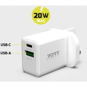 Port Connect 20 W AC Adapter - 1 Pack - For Tablet PC, Smartphone, USB Type A Device, USB Type C Device - 120 V AC, 230 V 