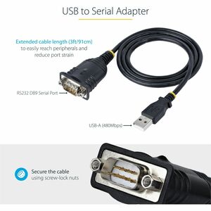 StarTech.com 3ft (1m) USB to Serial Cable, DB9 Male RS232 to USB Converter, USB to Serial Adapter, COM Port Adapter with P