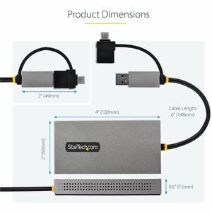 StarTech.com USB to Dual HDMI Adapter, USB A/C to 2x HDMI Displays (1x 4K30, 1x 1080p), USB 3.0 to HDMI Converter, 4in/11c