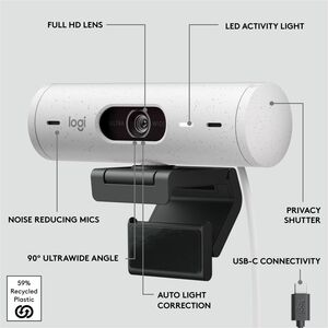 Logitech Brio 500 Full HD webcam, auto framing, noise-reducing mics, privacy shutter, streaming & video calling, Off-white