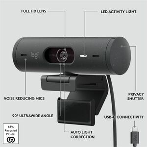 Logitech Brio 500 Full HD webcam, auto framing, noise-reducing mics, privacy shutter, streaming & video calling, Graphite 