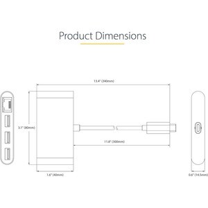 StarTech.com 3-Port USB-C Hub with Ethernet, 3x USB-A, Gigabit Ethernet, USB 3.0 5Gbps, Bus-Powered, Portable Laptop USB T