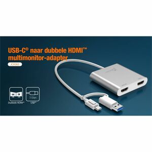 j5create JCA365-N A/V Adapter - 1 - 1 x USB 3.1 Type C - Male, 1 x USB Type C - Female, 1 x USB Type A - Male - 2 x HDMI 2