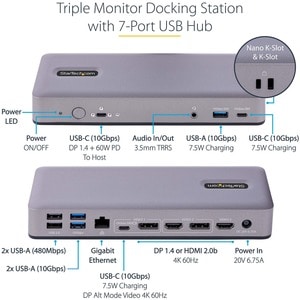 StarTech.com USB-C Docking Station, HDMI/DP/DP Alt Mode USB-C Dock, Triple/Dual 4K, 7x USB Hub, 60W PD, GbE, WWCB certifie