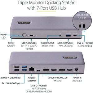 StarTech.com USB-C Docking Station, HDMI/DP/DP Alt Mode USB-C Dock, Triple/Dual 4K, 7x USB Hub, 60W PD, GbE, WWCB certifie