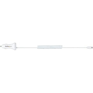 StarTech.com Lightning Car Charger with Coiled Cable, 1m Built-in Cable, 12W, White, 2 Port USB Car Charger Adapter, In Ca