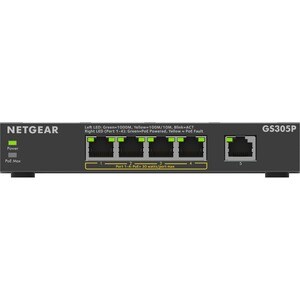 Netgear GS305P Ethernet Switch - 5 Ports - Gigabit Ethernet - 2 Layer Supported - 66.78 W Power Consumption - 63 W PoE Bud