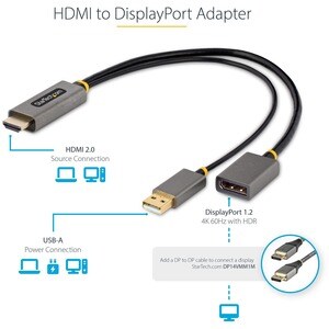 StarTech.com 1ft (30cm) HDMI to DisplayPort Adapter, 4K 60Hz HDR HDMI Source to DP Monitor, USB Bus Powered, HDMI 2.0 to D