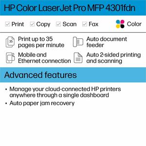 HP 4301fdn Laser Multifunction Printer - Color - White - Copier/Fax/Printer/Scanner - 35 ppm Color Print - 600 x 600 dpi P