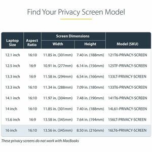 StarTech.com 16LT6-PRIVACY-SCREEN. Maximaler Bildschirmdurchmesser: 40,6 cm (16"). Seitenverhältnis: 16:10. Suitable for: 