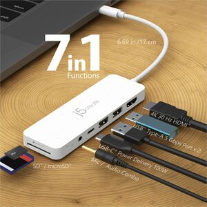 j5create USB-Typ C Docking Station - Speicherkartenleser - SD, microSD - Weiß - USB Typ-A - USB Typ C - HDMI - Kabelgebund